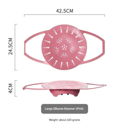Large Pink Flexible Silicone Steamer Basket with Heat-Resistant Handles - Food-Grade Vegetable Steamer Insert for Pots & Pans.