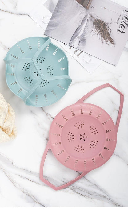 Small Blue Flexible Silicone Steamer Basket with Heat-Resistant Handles - Food-Grade Vegetable Steamer Insert for Pots & Pans.