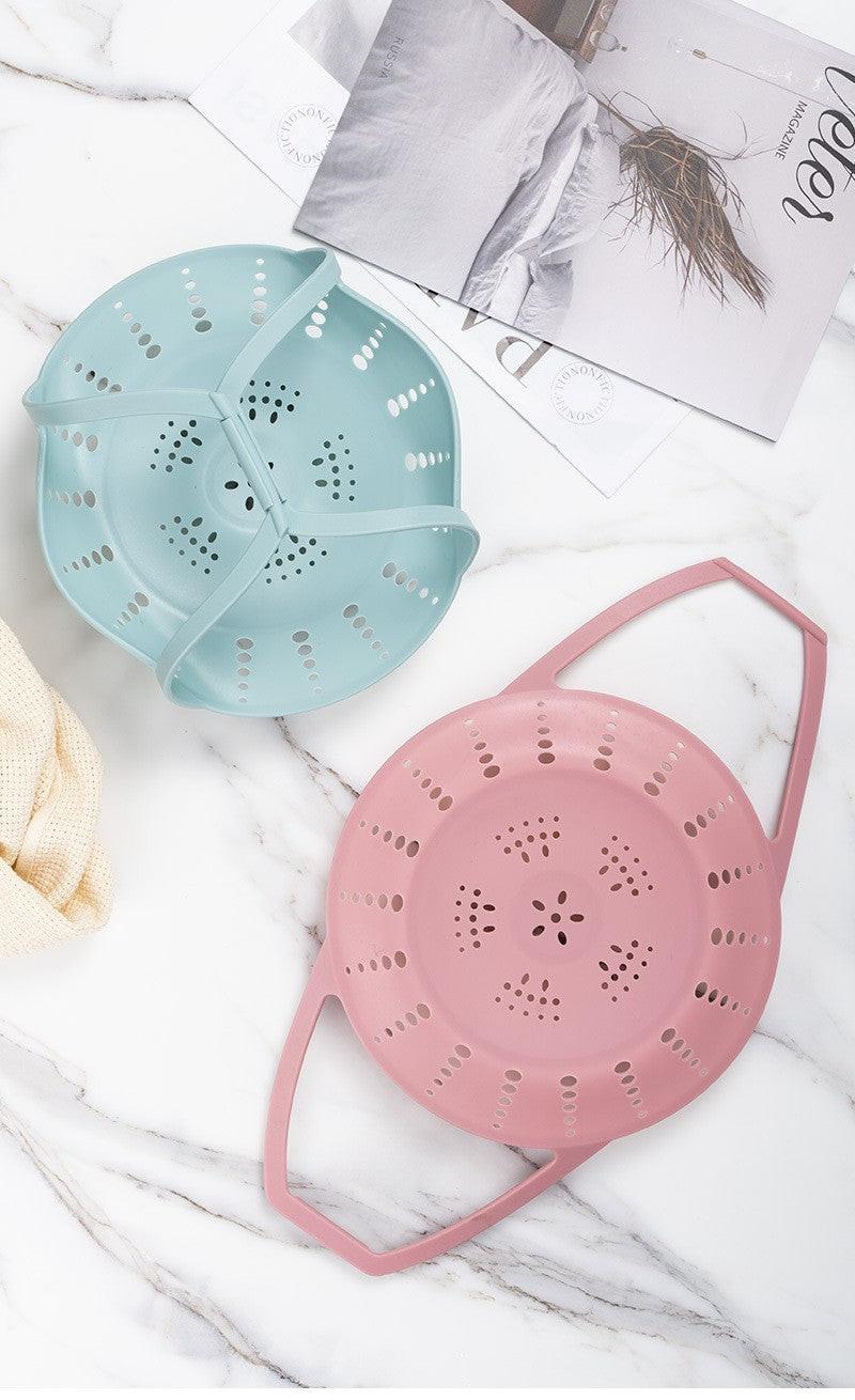 Small Pink Flexible Silicone Steamer Basket with Heat-Resistant Handles - Food-Grade Vegetable Steamer Insert for Pots & Pans.