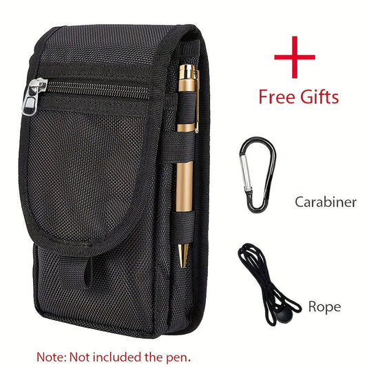 Black Heavy-Duty Tactical Phone Pouch - Multi-Pocket Belt Holster & Utility Waist Bag for Outdoor Work and EDC