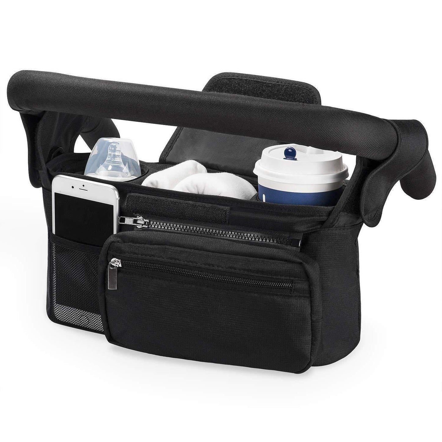 Black Universal Stroller Organiser Caddy with Insulated Cup Holders and Detachable Wristlet.