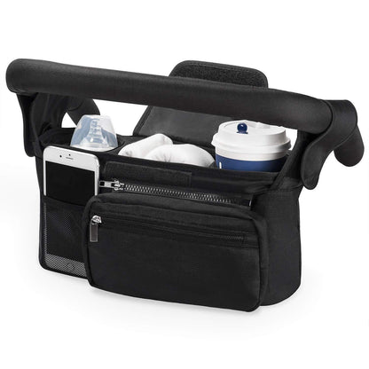 Black Universal Stroller Organiser Caddy with Insulated Cup Holders and Detachable Wristlet.
