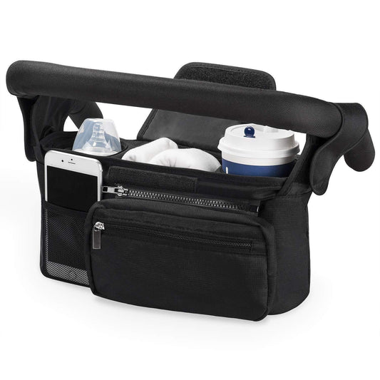 Black Universal Stroller Organiser Caddy with Insulated Cup Holders and Detachable Wristlet.