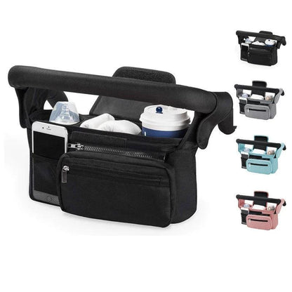 Black Universal Stroller Organiser Caddy with Insulated Cup Holders and Detachable Wristlet.