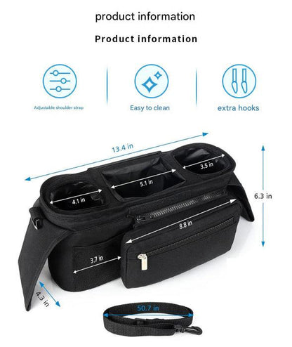 Black Universal Stroller Organiser Caddy with Insulated Cup Holders and Detachable Wristlet.