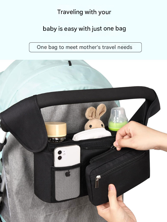 Black Universal Stroller Organiser Caddy with Insulated Cup Holders and Detachable Wristlet.