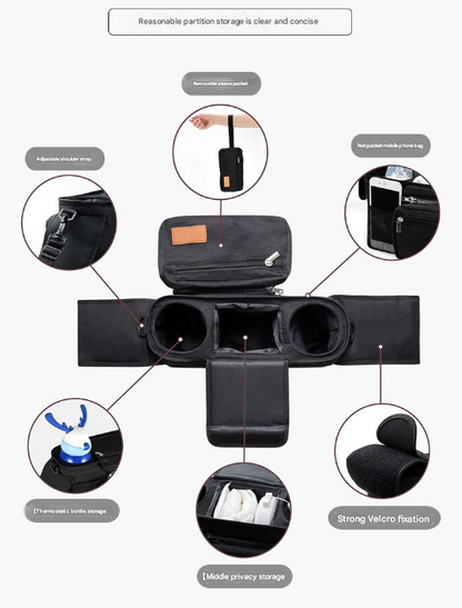 Black Universal Stroller Organiser Caddy with Insulated Cup Holders and Detachable Wristlet.