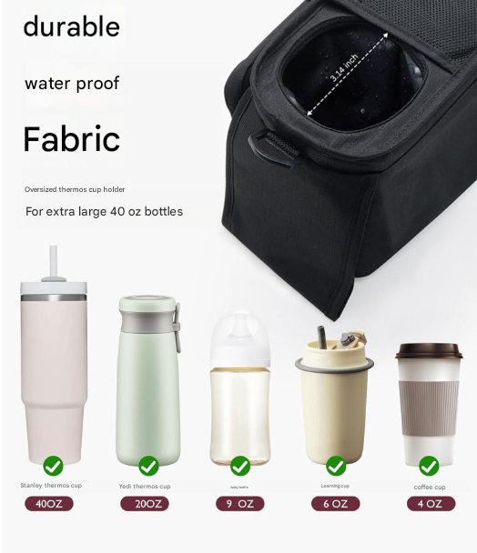 Black Universal Stroller Organiser Caddy with Insulated Cup Holders and Detachable Wristlet.