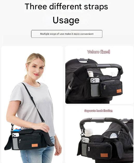 Black Universal Stroller Organiser Caddy with Insulated Cup Holders and Detachable Wristlet.
