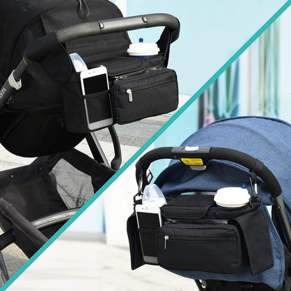 Black Universal Stroller Organiser Caddy with Insulated Cup Holders and Detachable Wristlet.