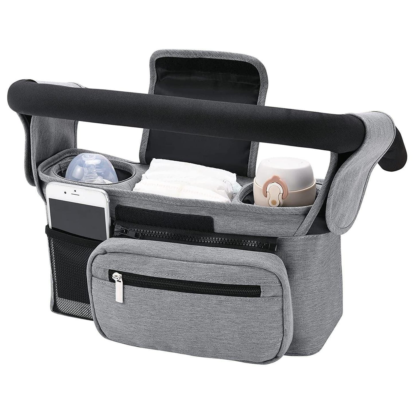 Grey Universal Stroller Organiser Caddy with Insulated Cup Holders and Detachable Wristlet.