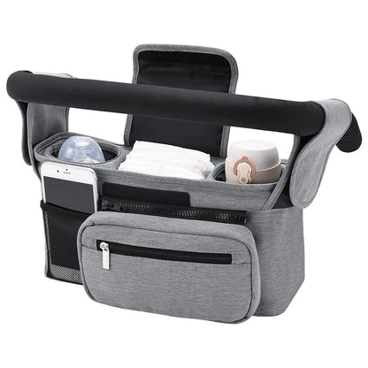 Grey Universal Stroller Organiser Caddy with Insulated Cup Holders and Detachable Wristlet.