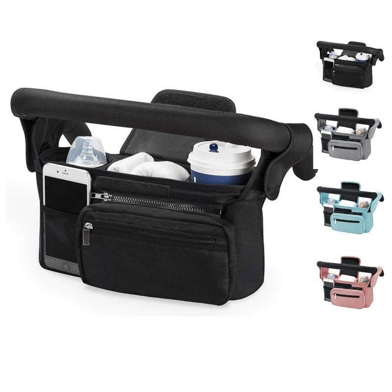 Grey Universal Stroller Organiser Caddy with Insulated Cup Holders and Detachable Wristlet.