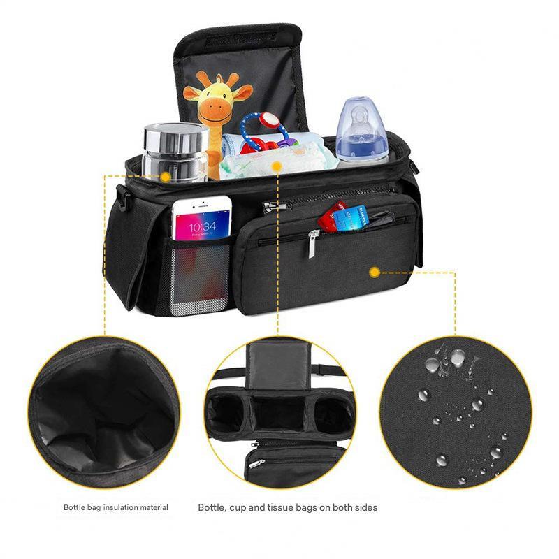 Grey Universal Stroller Organiser Caddy with Insulated Cup Holders and Detachable Wristlet.