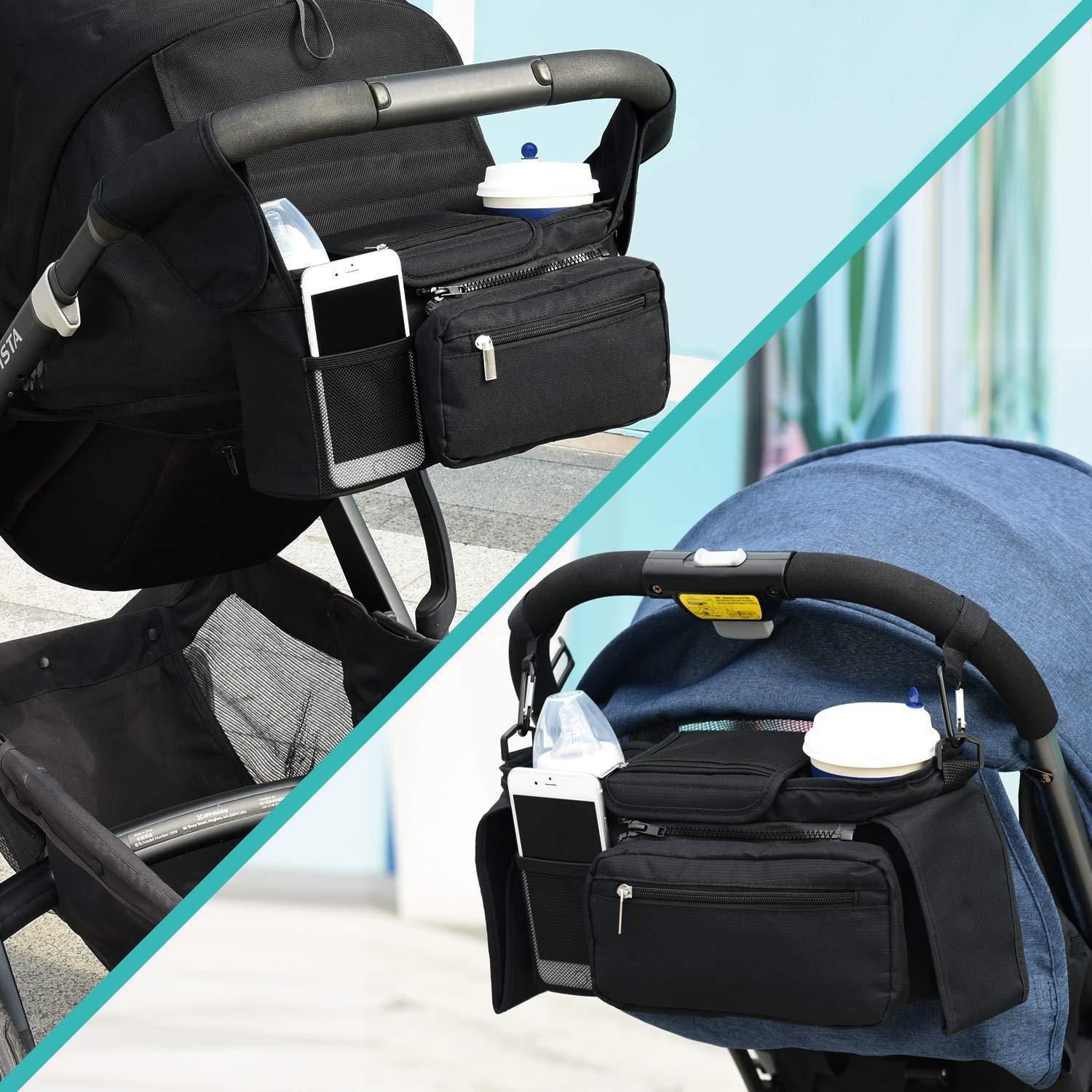 Grey Universal Stroller Organiser Caddy with Insulated Cup Holders and Detachable Wristlet.