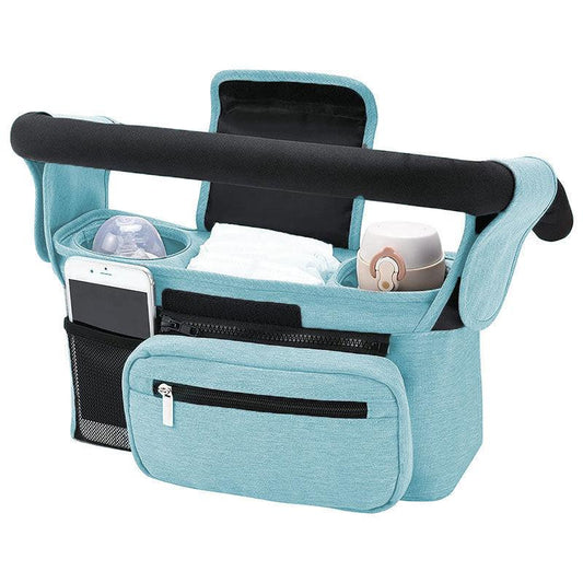 Blue Universal Stroller Organiser Caddy with Insulated Cup Holders and Detachable Wristlet.