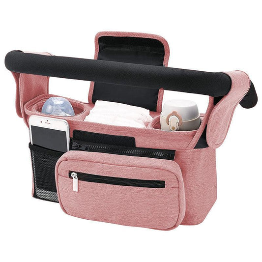 Pink Universal Stroller Organiser Caddy with Insulated Cup Holders and Detachable Wristlet.