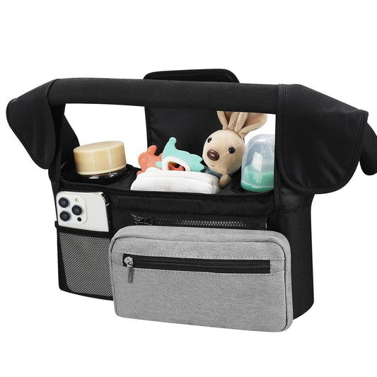 Black and Gray Stitching Universal Stroller Organiser Caddy with Insulated Cup Holders and Detachable Wristlet.