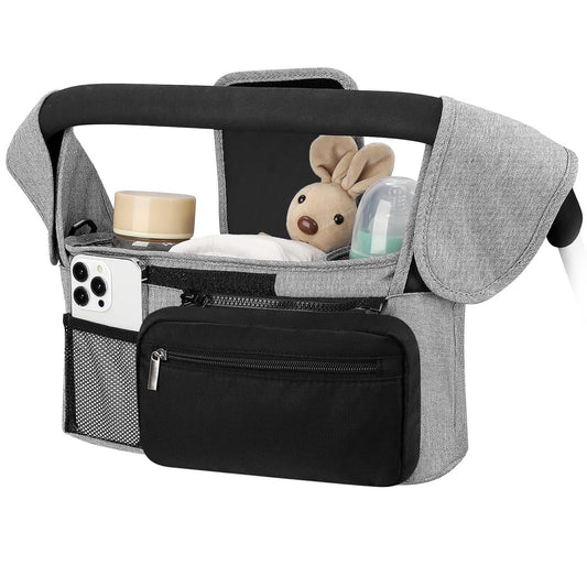 Grey and Black Stitching Universal Stroller Organiser Caddy with Insulated Cup Holders and Detachable Wristlet.