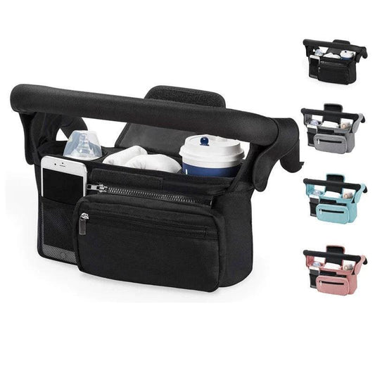 Grey and Black Stitching Universal Stroller Organiser Caddy with Insulated Cup Holders and Detachable Wristlet.
