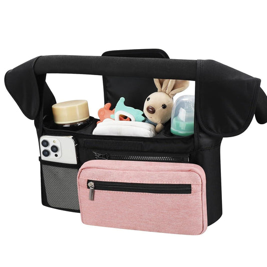 Black and Pink Stitching Universal Stroller Organiser Caddy with Insulated Cup Holders and Detachable Wristlet.