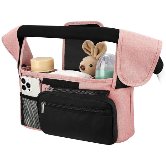 Pink and Black Stitching Universal Stroller Organiser Caddy with Insulated Cup Holders and Detachable Wristlet.