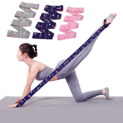 Dark Blue Instructional Yoga Stretch Strap with Embroidered Pose Guide - 11-Loop Flexibility Band.