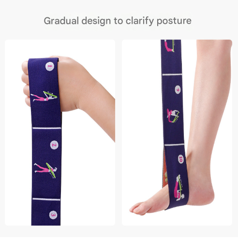 Dark Blue Instructional Yoga Stretch Strap with Embroidered Pose Guide - 11-Loop Flexibility Band.