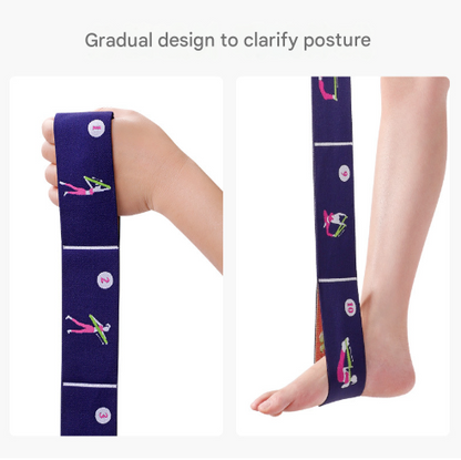 Dark Blue Instructional Yoga Stretch Strap with Embroidered Pose Guide - 11-Loop Flexibility Band.