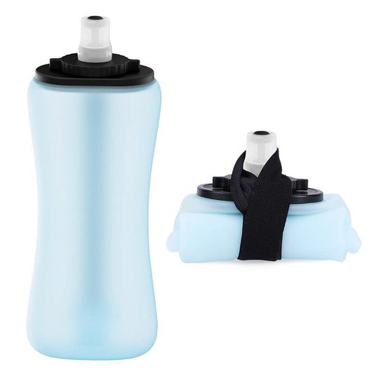 Blue Collapsible Handheld Running Flask - 350ml Lightweight Silicone Water Bottle with Bite Valve.
