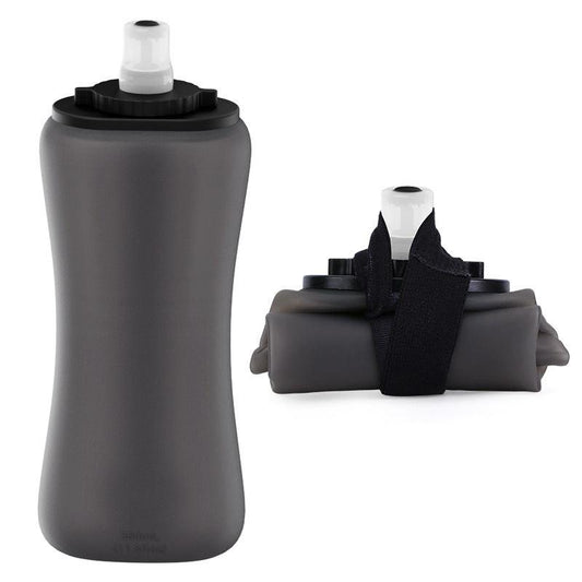 Black Collapsible Handheld Running Flask - 350ml Lightweight Silicone Water Bottle with Bite Valve.
