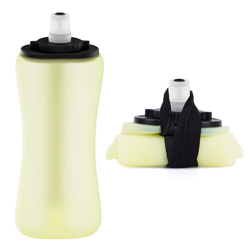 Yellow Collapsible Handheld Running Flask - 350ml Lightweight Silicone Water Bottle with Bite Valve.