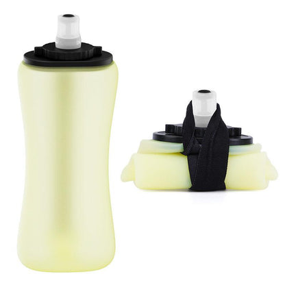 Yellow Collapsible Handheld Running Flask - 350ml Lightweight Silicone Water Bottle with Bite Valve.