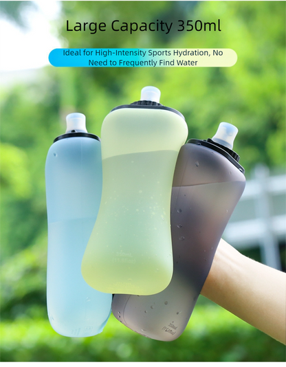 Yellow Collapsible Handheld Running Flask - 350ml Lightweight Silicone Water Bottle with Bite Valve.