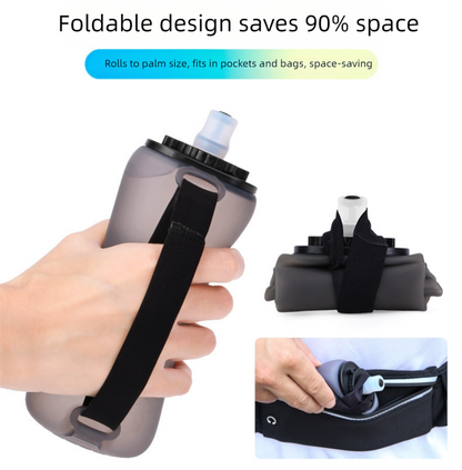 Yellow Collapsible Handheld Running Flask - 350ml Lightweight Silicone Water Bottle with Bite Valve.