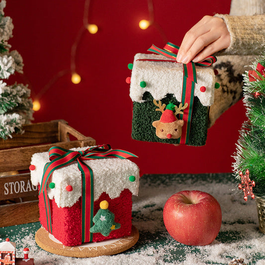 White and Green Luxe Plush Christmas Gift Box - Decorative Holiday Treat Box with Snowy Trim