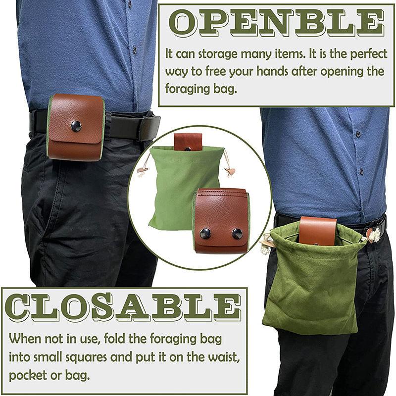 Black Collapsible Canvas Foraging Pouch - Hands-Free Belt Bag for Hiking & Camping Activities.