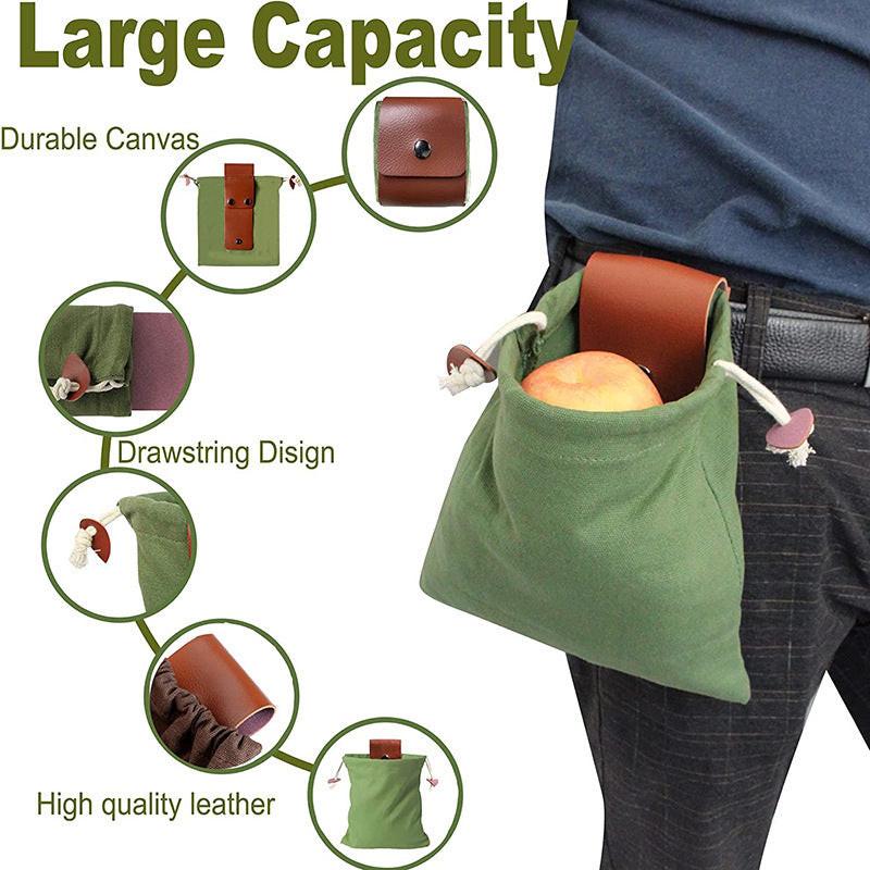 Black Collapsible Canvas Foraging Pouch - Hands-Free Belt Bag for Hiking & Camping Activities.