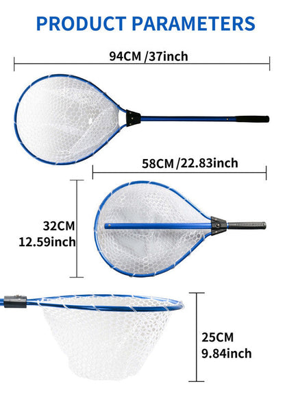 Black High Strength Large Landing Net - Fishing Net with Long Foldable Handle and Soft Rubber Netting, Dip Net for Fishing, Ideal for Boat, Pier, River Angling