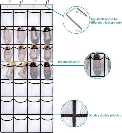 White Over the Door Shoe Organizer with 24 Mesh Pockets - Space Saving Hanging Storage for Shoes, Accessories, Pantry