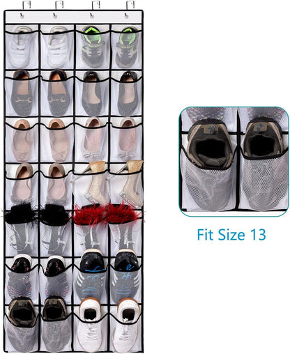 White Over the Door Shoe Organizer with 24 Mesh Pockets - Space Saving Hanging Storage for Shoes, Accessories, Pantry