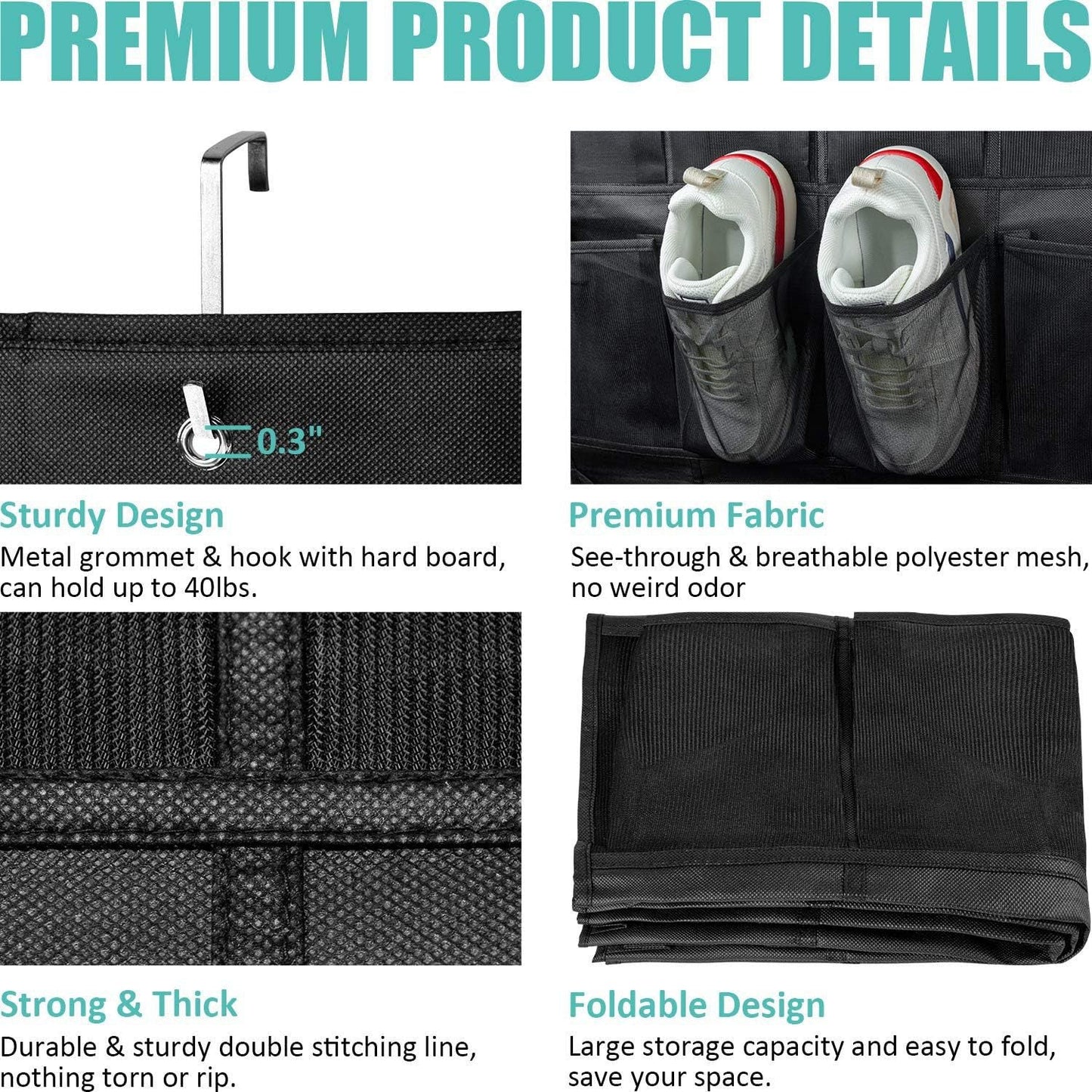 White Over the Door Shoe Organizer with 24 Mesh Pockets - Space Saving Hanging Storage for Shoes, Accessories, Pantry