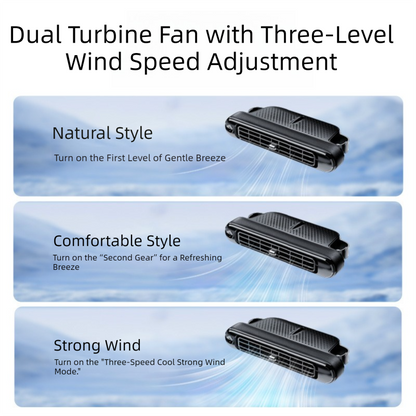 Black Car Seat Back Headrest Fan USB Powered Dual Turbine Bladeless Cooling Fan with 3 Speeds.