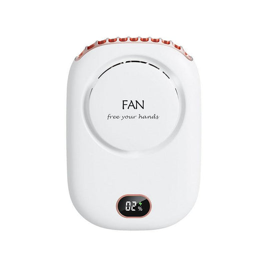 White Portable Bladeless Neck Fan with Waist Clip & Digital Display USB Rechargeable Mini Fan.