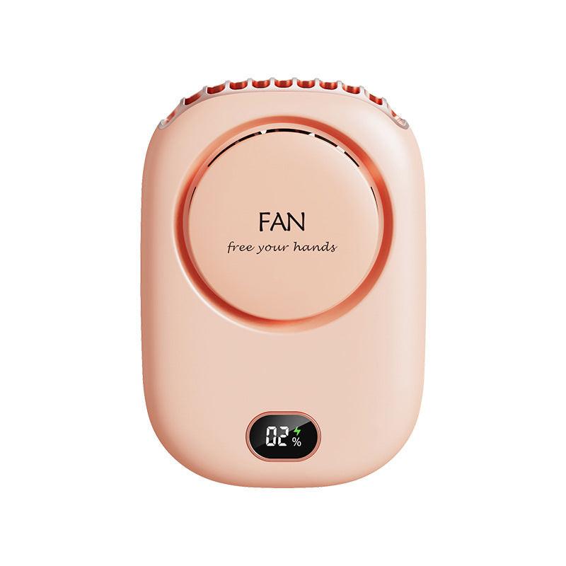 Pink Portable Bladeless Neck Fan with Waist Clip & Digital Display USB Rechargeable Mini Fan.