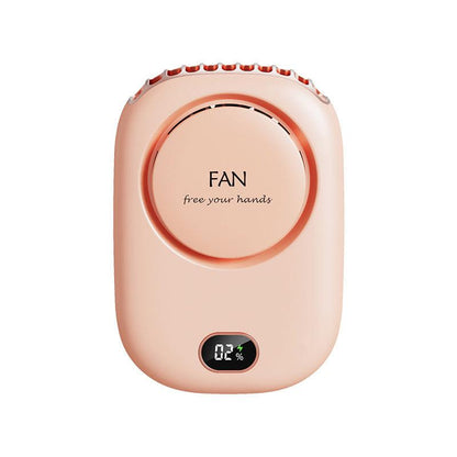 Pink Portable Bladeless Neck Fan with Waist Clip & Digital Display USB Rechargeable Mini Fan.