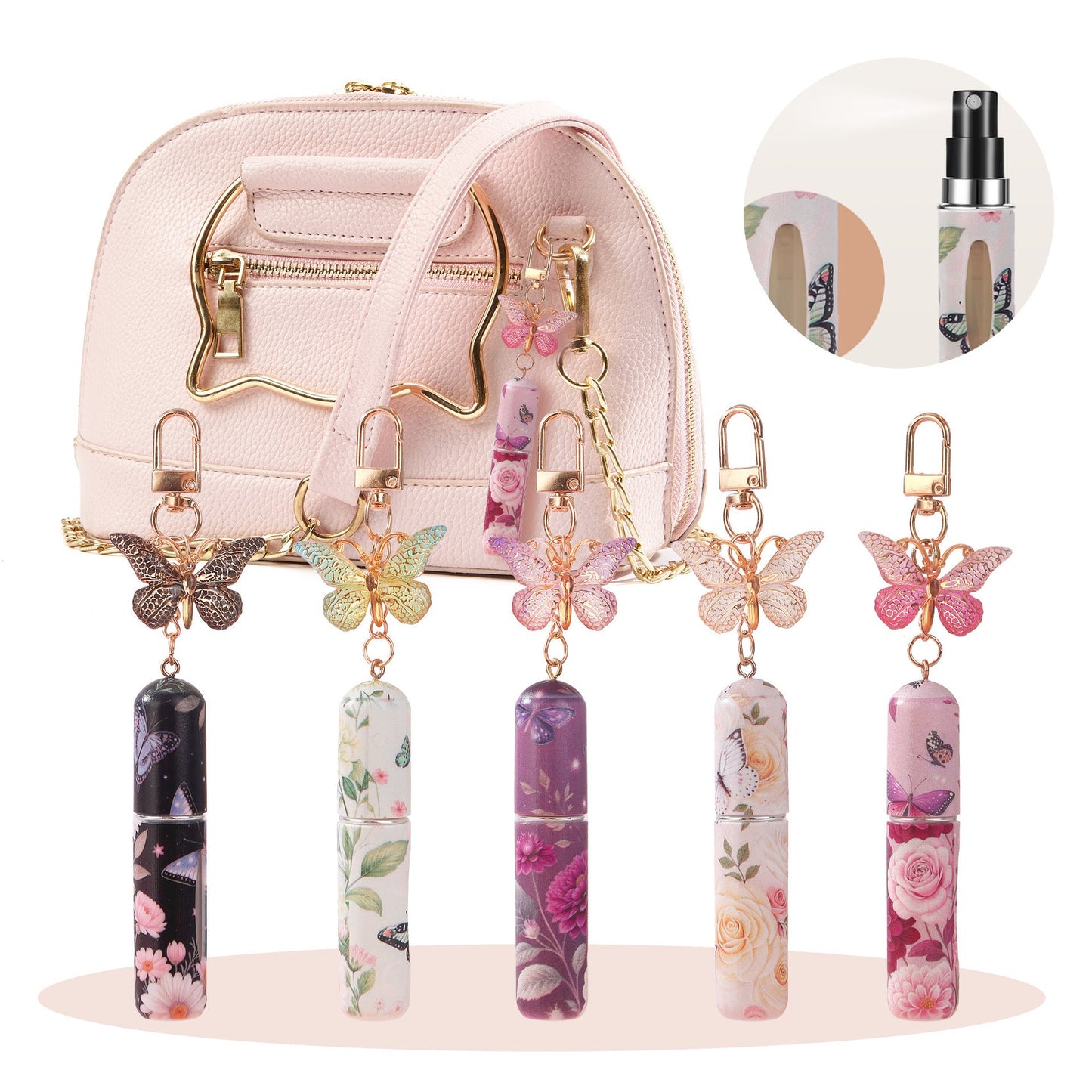 Pink 3 Pcs Portable 5ml Perfume Atomiser Keychain - Refillable Floral Spray Bottle with Butterfly Charm for Travel & Handbag