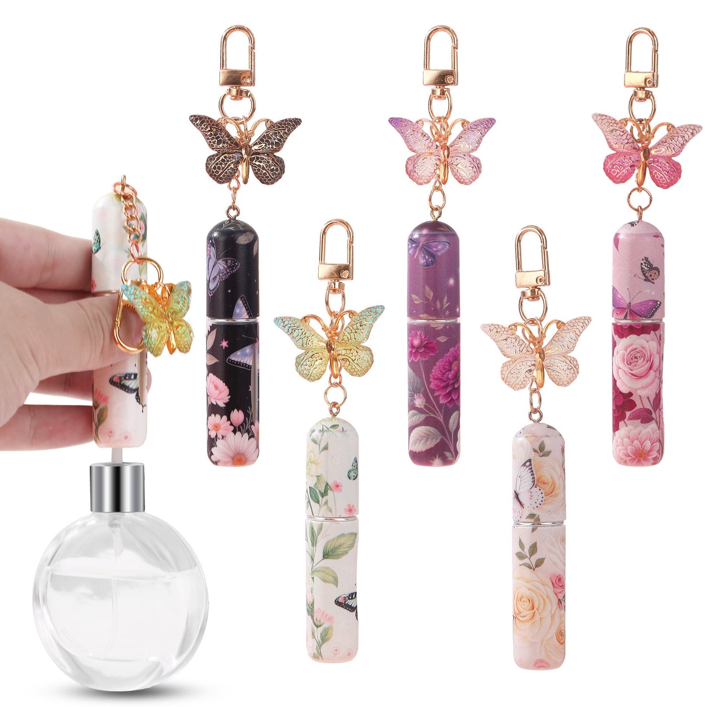 Pink 3 Pcs Portable 5ml Perfume Atomiser Keychain - Refillable Floral Spray Bottle with Butterfly Charm for Travel & Handbag