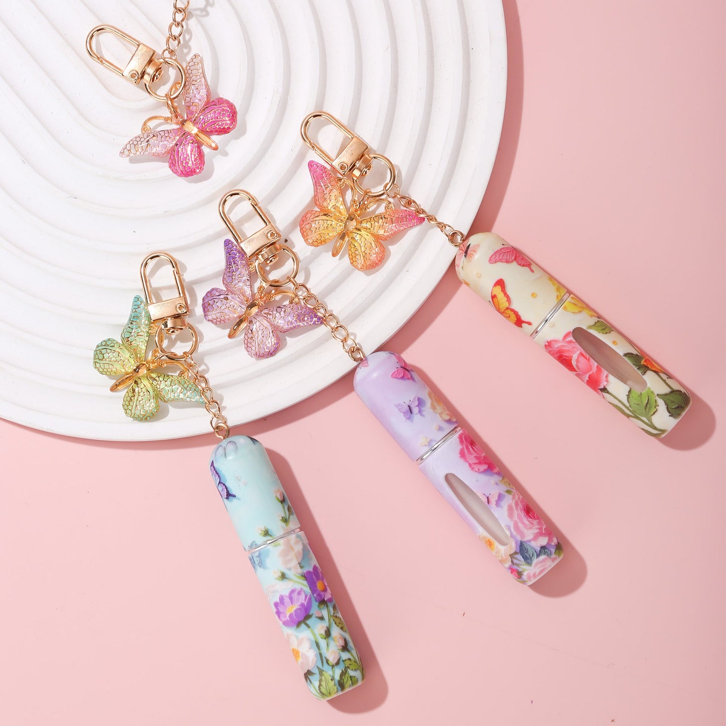 Purple 3 Pcs Portable 5ml Perfume Atomiser Keychain - Refillable Floral Spray Bottle with Butterfly Charm for Travel & Handbag