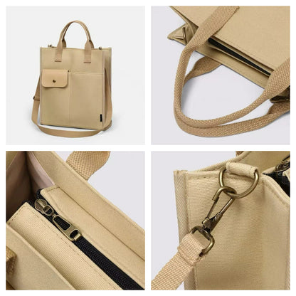 White Unisex Canvas Tote Bag - Structured Vertical Shoulder Satchel with Front Pocket - Lightweight Crossbody for Work, Uni & Daily Commute